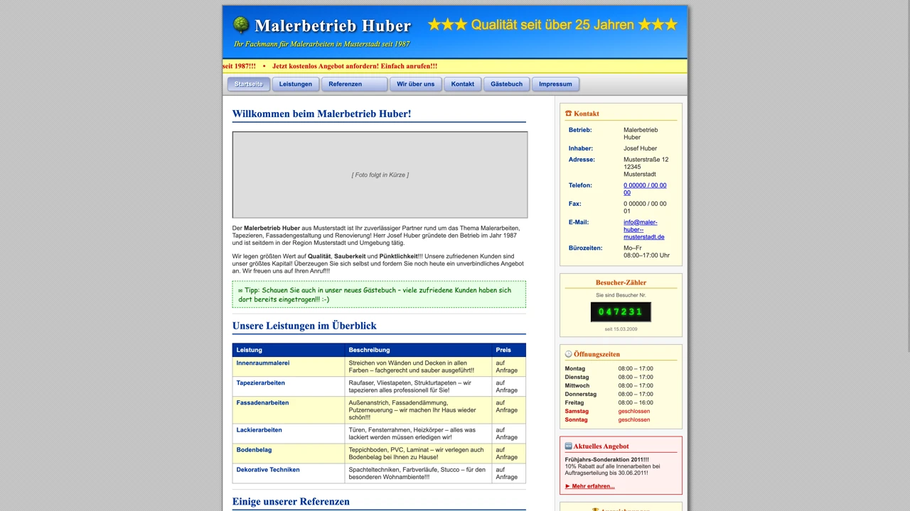 Veraltete Website eines Malerbetriebs – vorher